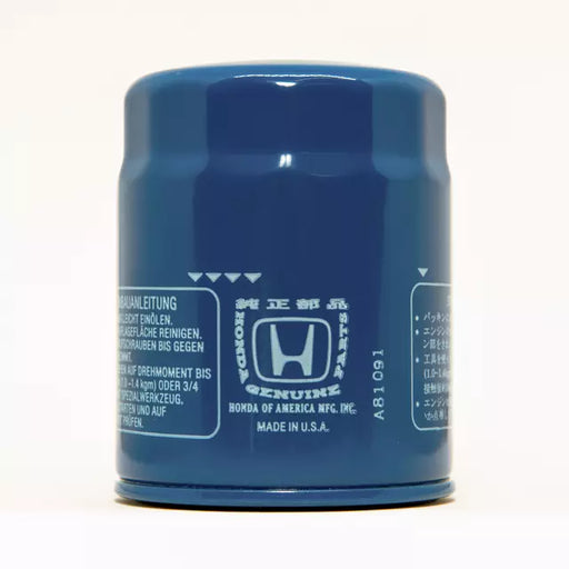 Blue oil filter with Honda logo on a white background