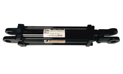Black hydraulic cylinder with a label on a white background