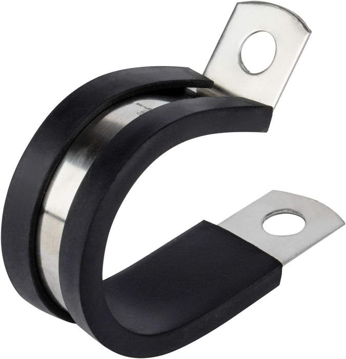 Black rubber grommet with metal clamps on a white background
