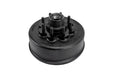 Black mechanical component on a white background