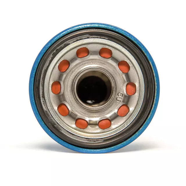 Close-up of a metal bearing with red balls on a white background