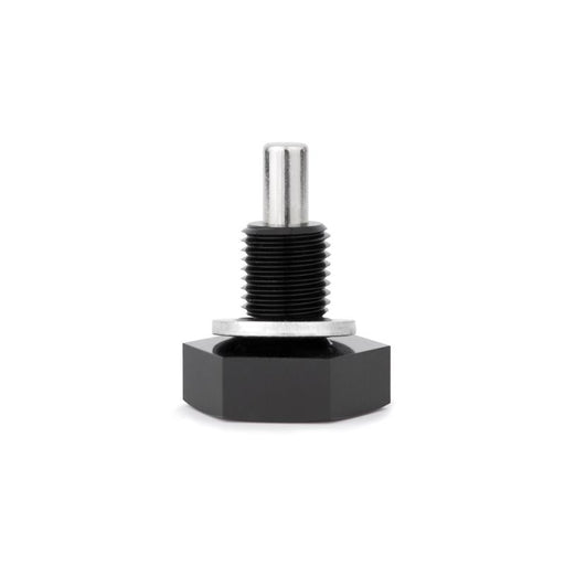 Black hexagonal nut with a metallic screw on a white background