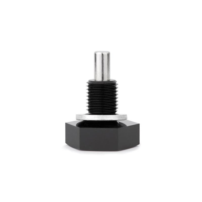 Black hexagonal nut with a metallic screw on a white background